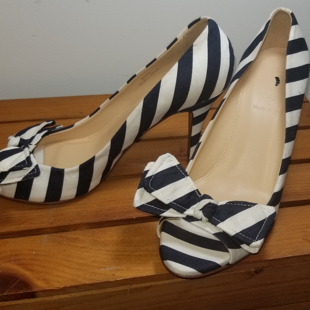 J. Crew Evie Striped Peep-Toe Pumps with Bow